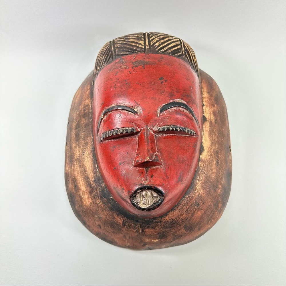 African Baule Vintage Mask Hand-Carved Wooden Tribal Wall Hanging Art